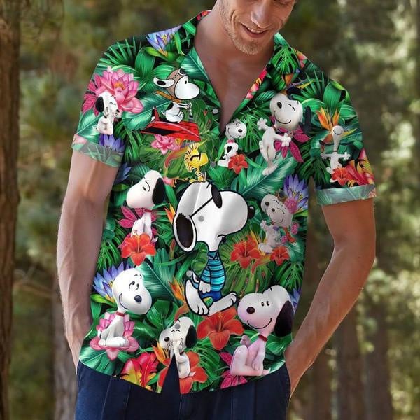 Funny Snoopy The Peanuts, Cool Snoopy Hawaiian Graphic Print Short Sleeve Hawaiian Casual Shirt