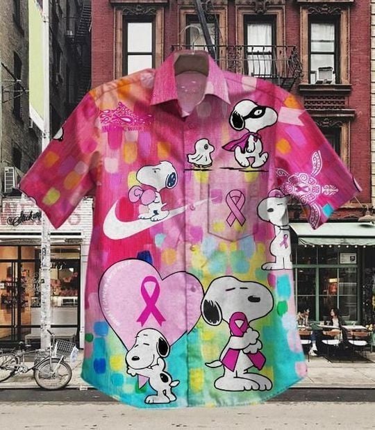 Snoopy Breast Cancer Awareness Graphic Print Short Sleeve Hawaiian Casual Shirt 58