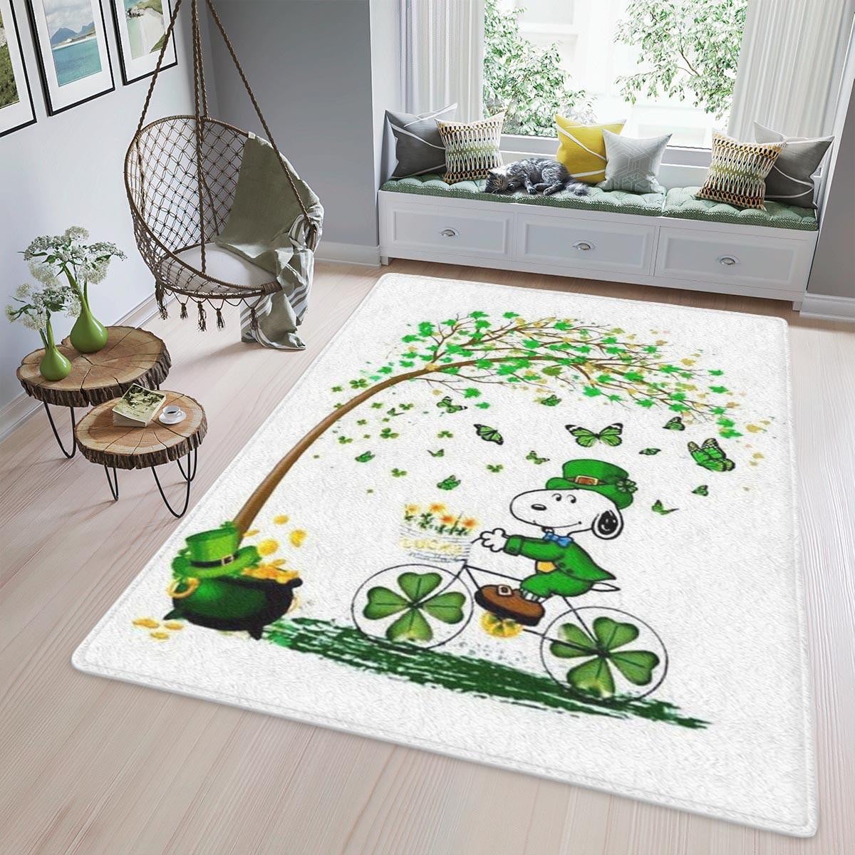Snoopy Leprechaun Fan Gift, Happy St Patrick's Day Area Rug Living Room, Snoopy Riding A Bike Home Decor Floor Decor