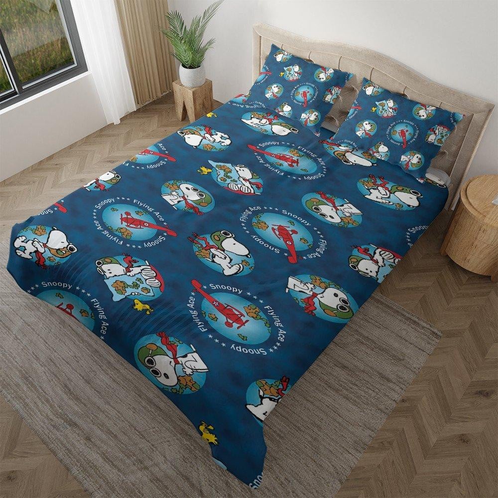 Funny Snoopy, Snoopy Gift, Snoopy Gift For Fan, Peanuts Snoopy Flying Ace Hockey Duvet Quilt Bedding Set