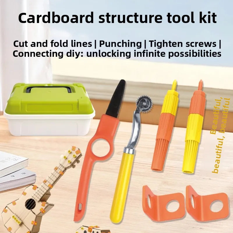AT19-Cardboard Tools For Kids With Cutter& Tool Box-150 PCS Cardboard Construction Kit Ideal For Family& Team Activities