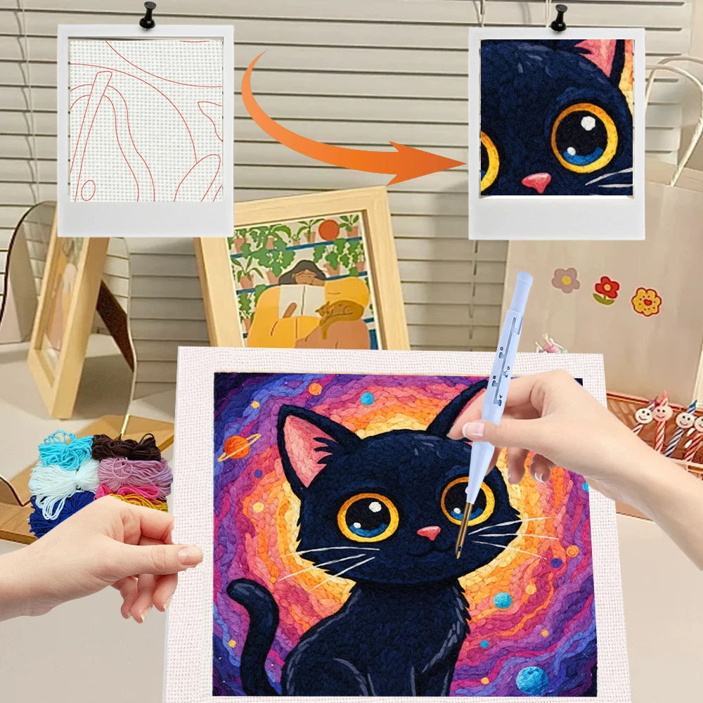 DIY Black Cat Embroidery Kit for Beginners - Punch Needle Sewing Kit Cross Stitch Needlework Craft Set Home Painting