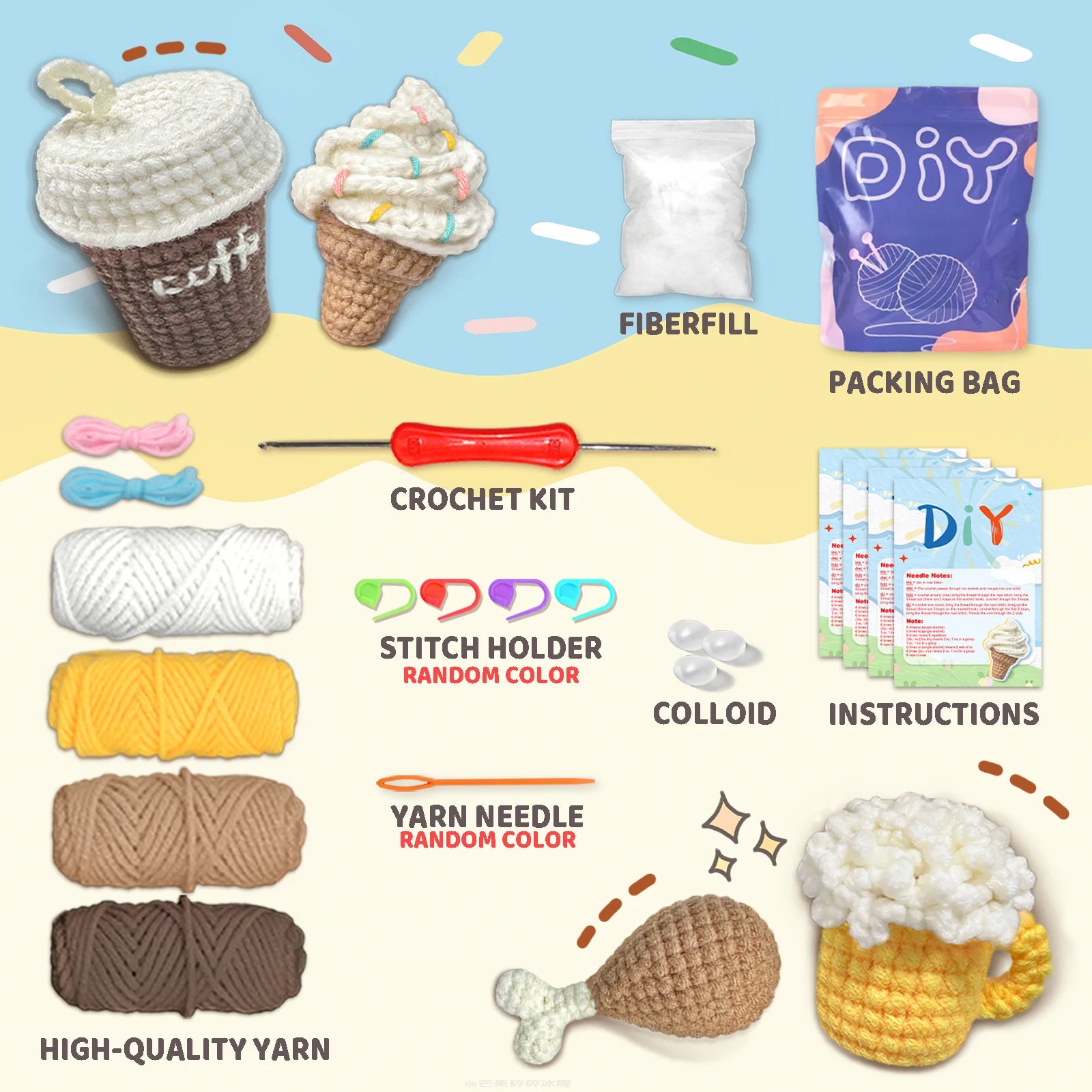 YAMAXIN 4PCS Food Theme Crochet Kit for Beginners - DIY Craft Tool Set Easy Knitting Arts & Crafts Project