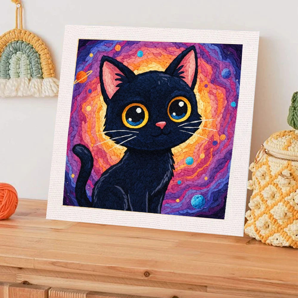 DIY Black Cat Embroidery Kit for Beginners - Punch Needle Sewing Kit Cross Stitch Needlework Craft Set Home Painting