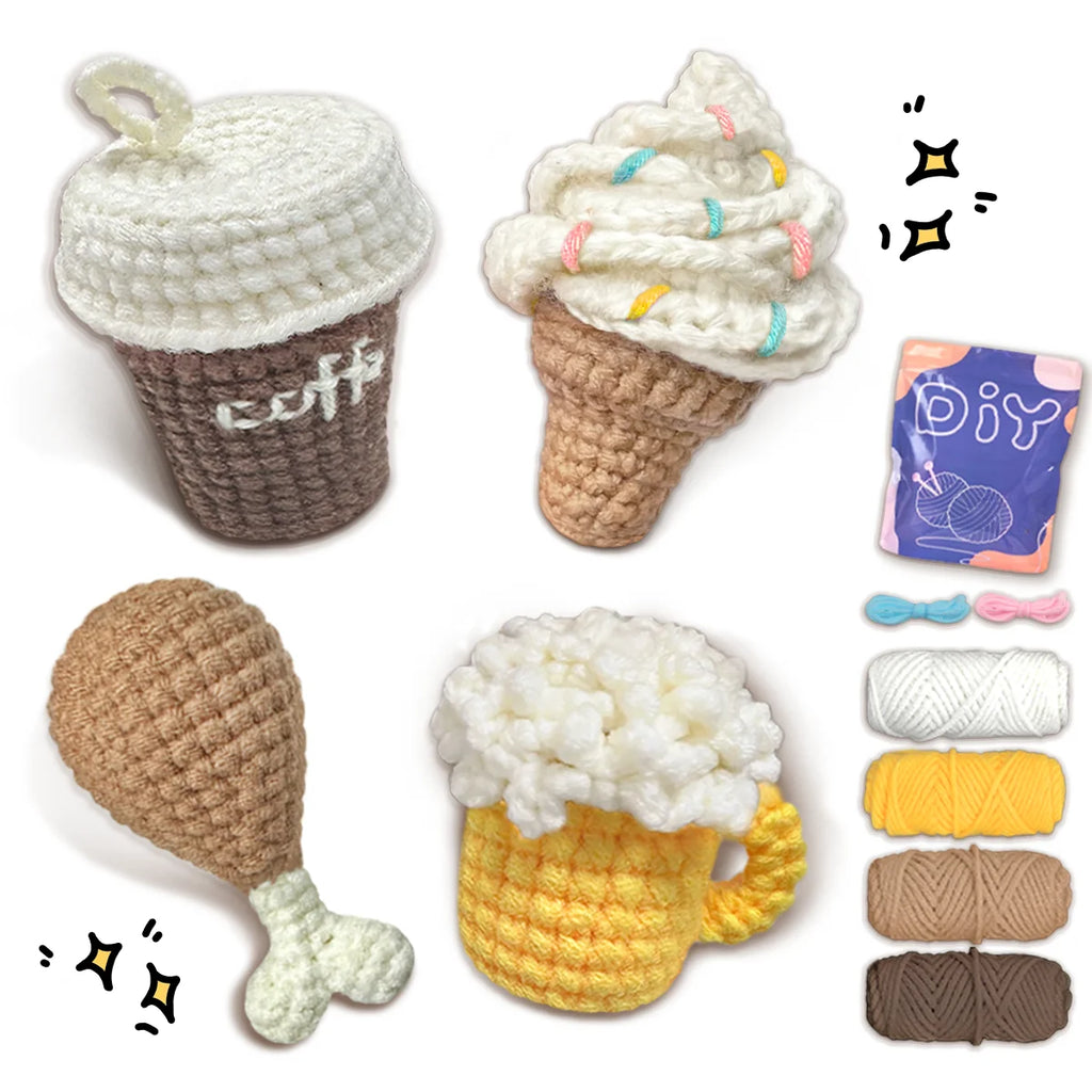 YAMAXIN 4PCS Food Theme Crochet Kit for Beginners - DIY Craft Tool Set Easy Knitting Arts & Crafts Project